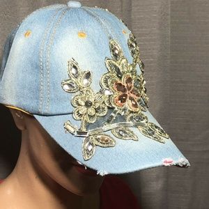 Ladies’ Sequined Denim Cap Floral Glam Strap Back